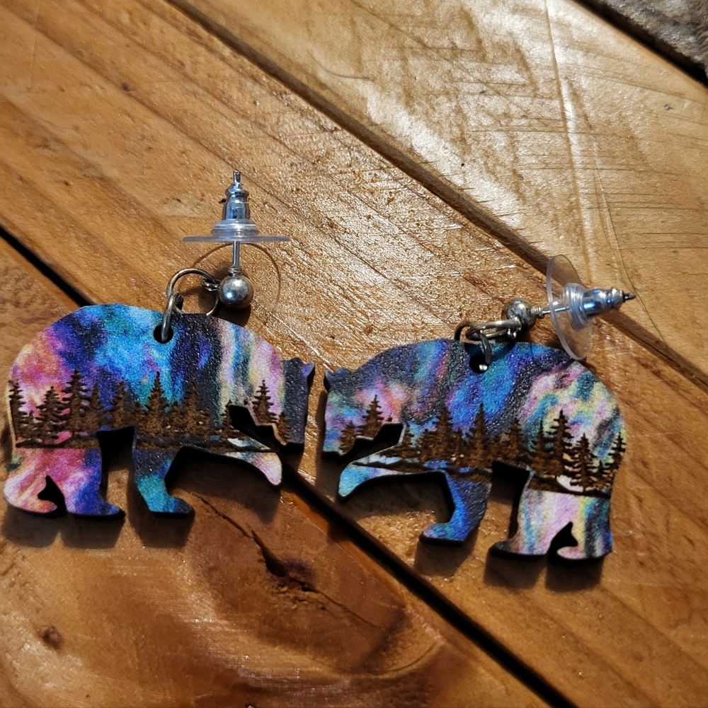 Colorful Bear Earrings with Forest Design